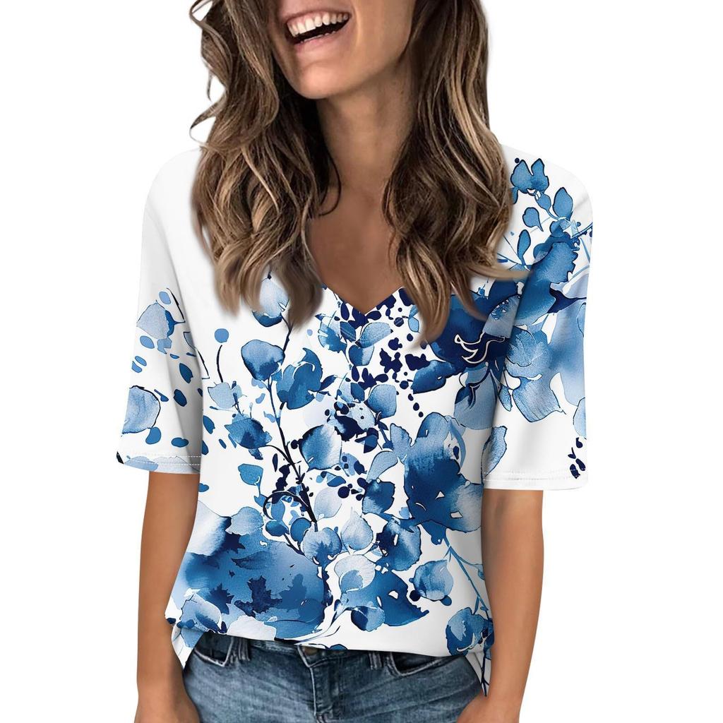 Dámské módní tričko s krátkým rukávem a výstřihem do V s 3D potiskem, letní pohodlné sportovní topy