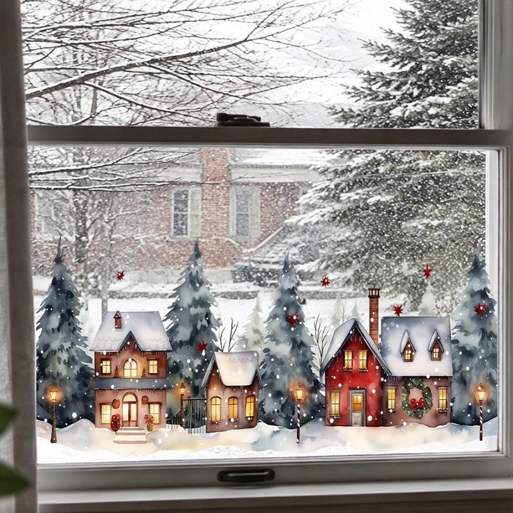 Static Adhesive Christmas Window Clings Waterproof Snowy Village Stickers Winter Home Decor