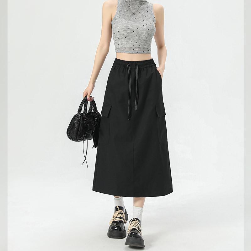 Women's American-Style A-Line High Waist Skirt with Pockets - Solid Color, Mid-Length, Slim Fit, Split Design for Spring/Summer 2025