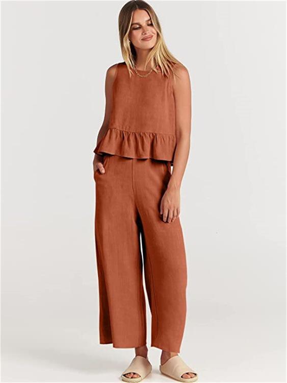 

2026 Summer Sleeveless Ruched Vest & Wide-Leg Cropped Pants Women s Casual Set Small помаранчевий