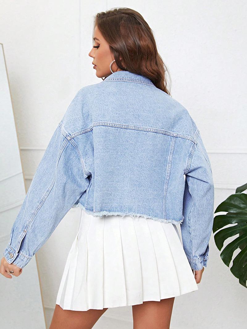 Women s Retro Denim Jacket - Loose, Water-Washed, Versatile, Short, Long Sleeve, Breathable, Casual Medium синий/белый