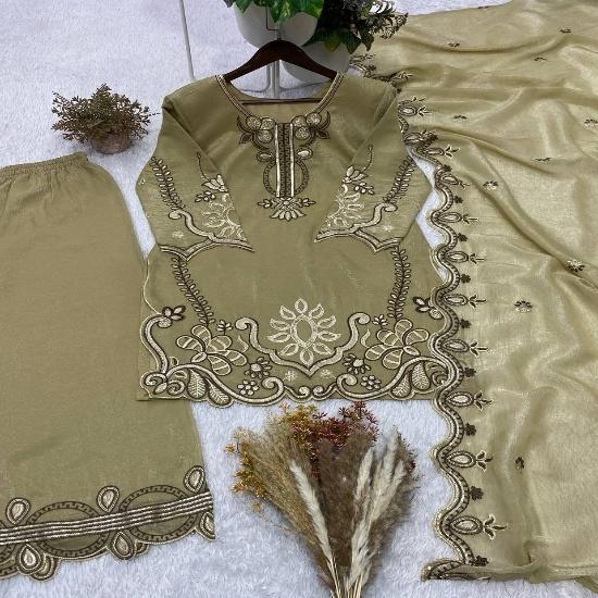 Regal Olive Gold Tissue Silk Embroidered Palazzo Suit Set M