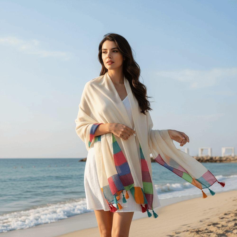 Soft Draped Gauze Shawl Rainbow Border Beach Scarf New Tassel Shawl Women Fashion