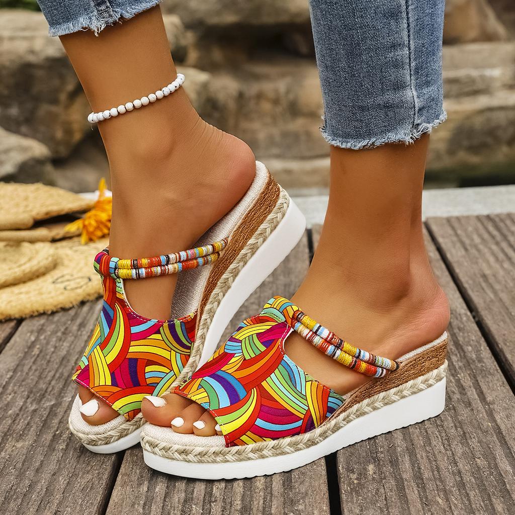 Fashion 2025 Summer Casual Color Blocking Sandals for Women Dressy Comfortable Soft Leather Thick Soled Slope Woven Straw Slippers