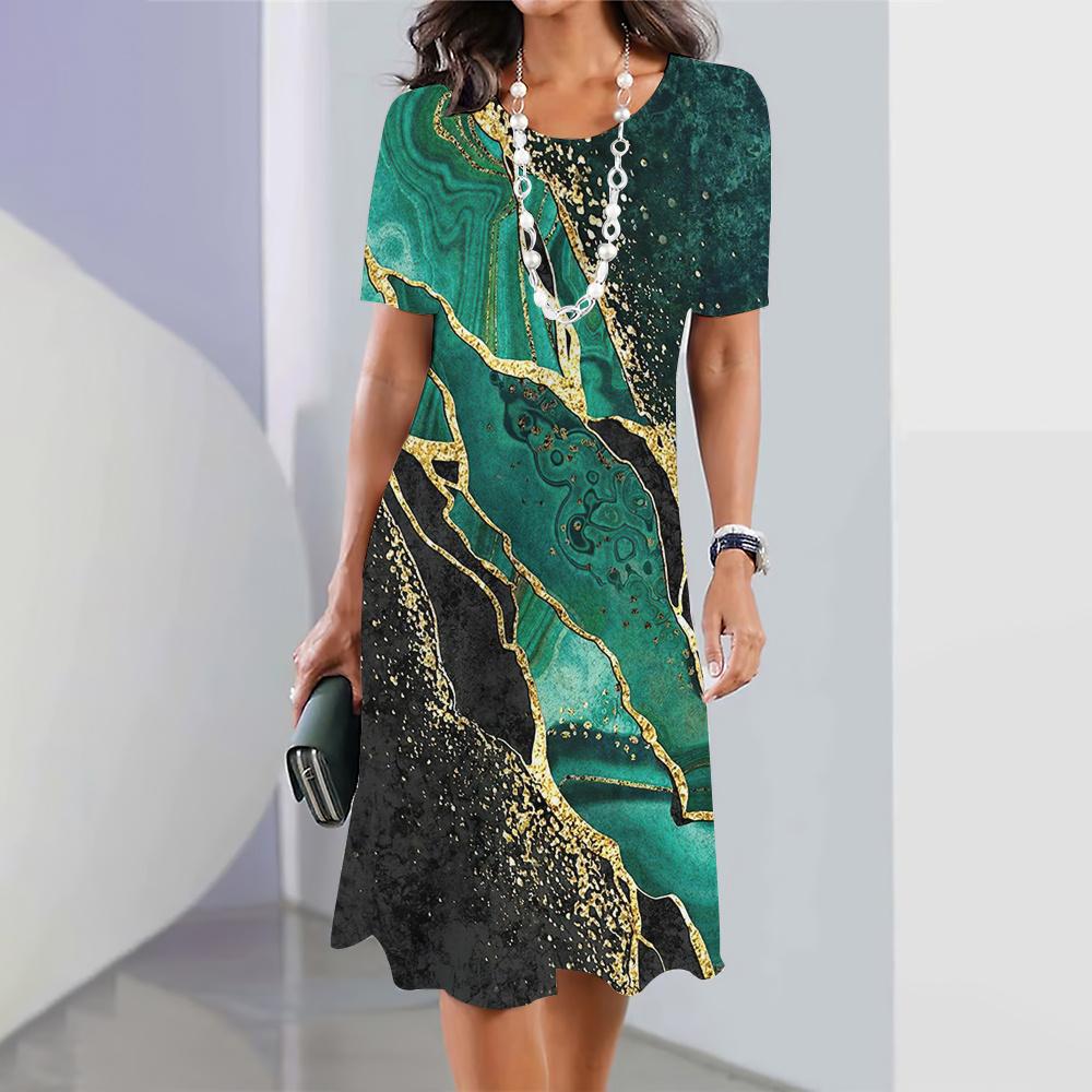 2026 Summer Retro Texture Printing Short-sleeved Dress Ladies Casual Fashion Round Neck Loose Dress
