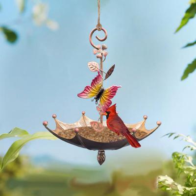 Hanging Birds Feeder for Outdoors Umbrella Shaped Birds Feeder Tray with Dragonfly/Butterfly/Honeybee Metal