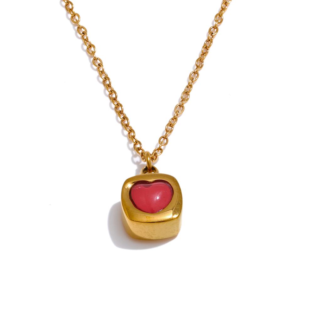 

Yhpup Exquisite Stainless Steel Red Resin Heart Love Square Necklace Pendant 18K PVD Plated Popular Sweet Romantic Jewelry