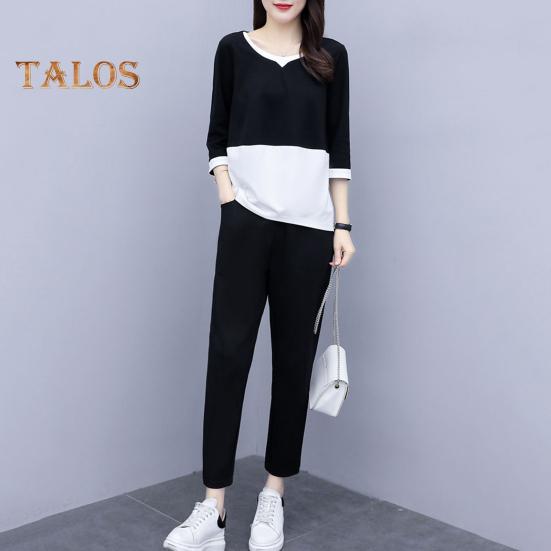 2 ks/sada Dámské tričko Kalhoty Set Sportovní oblečení Colorblock Top s kulatým výstřihem Poloviční rukáv Top Elastický pas Dlouhé Kalhoty Běžné kalhoty Top na dojíždění