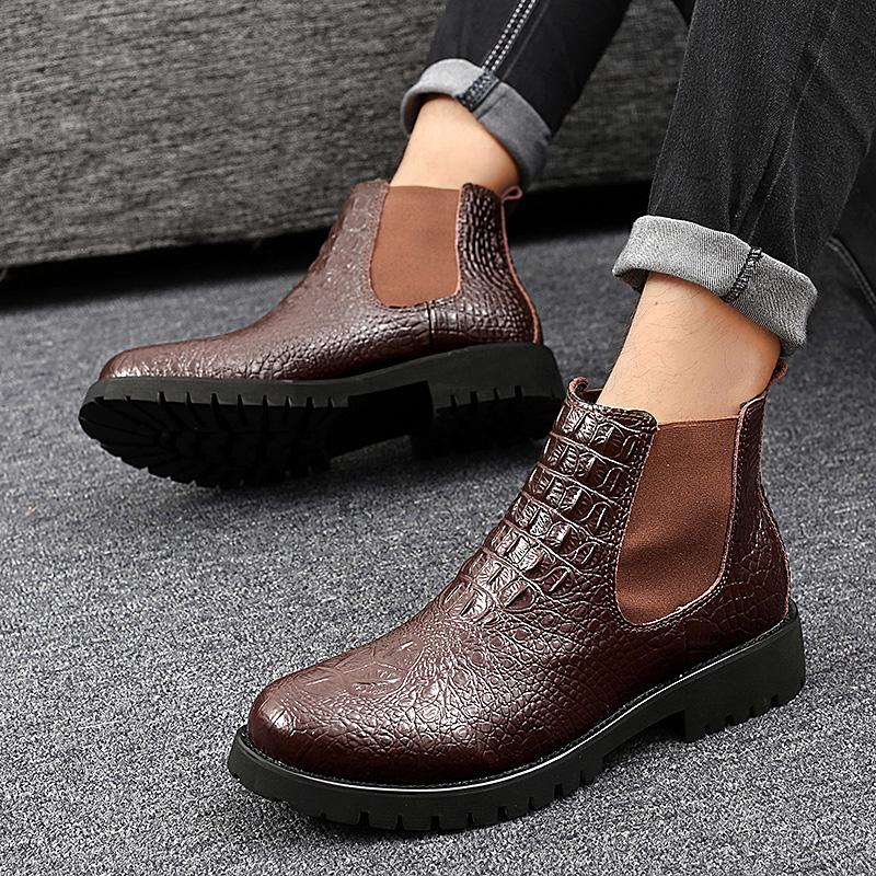 Mens Boots High Quality Men Chelsea Boots Autumn Winter Ankle Boots Plush Warm Outdoor Snow Shoes Crocodile Pattern Casual Shoes