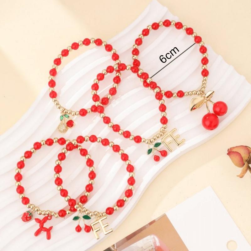 4 Pcs Versatile Red ABS Bead & Cherry Drop Oil Pendant Bracelet Set, Suitable For Women's Everyday And Vacation Outfits
