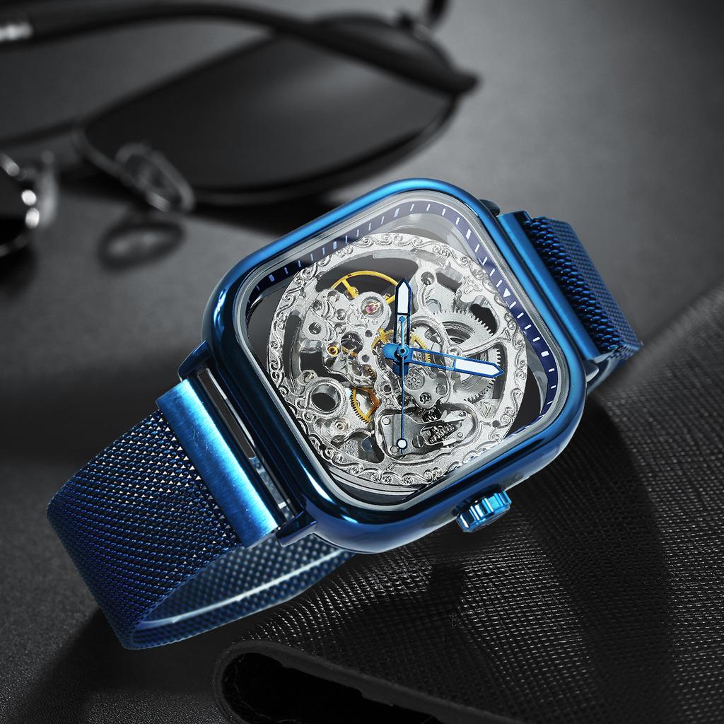 FORSINING Automatic Watches Mechanical Wrist Watch Golden for Mens Skeleton Watches with Stainless Steel Transparent Dial