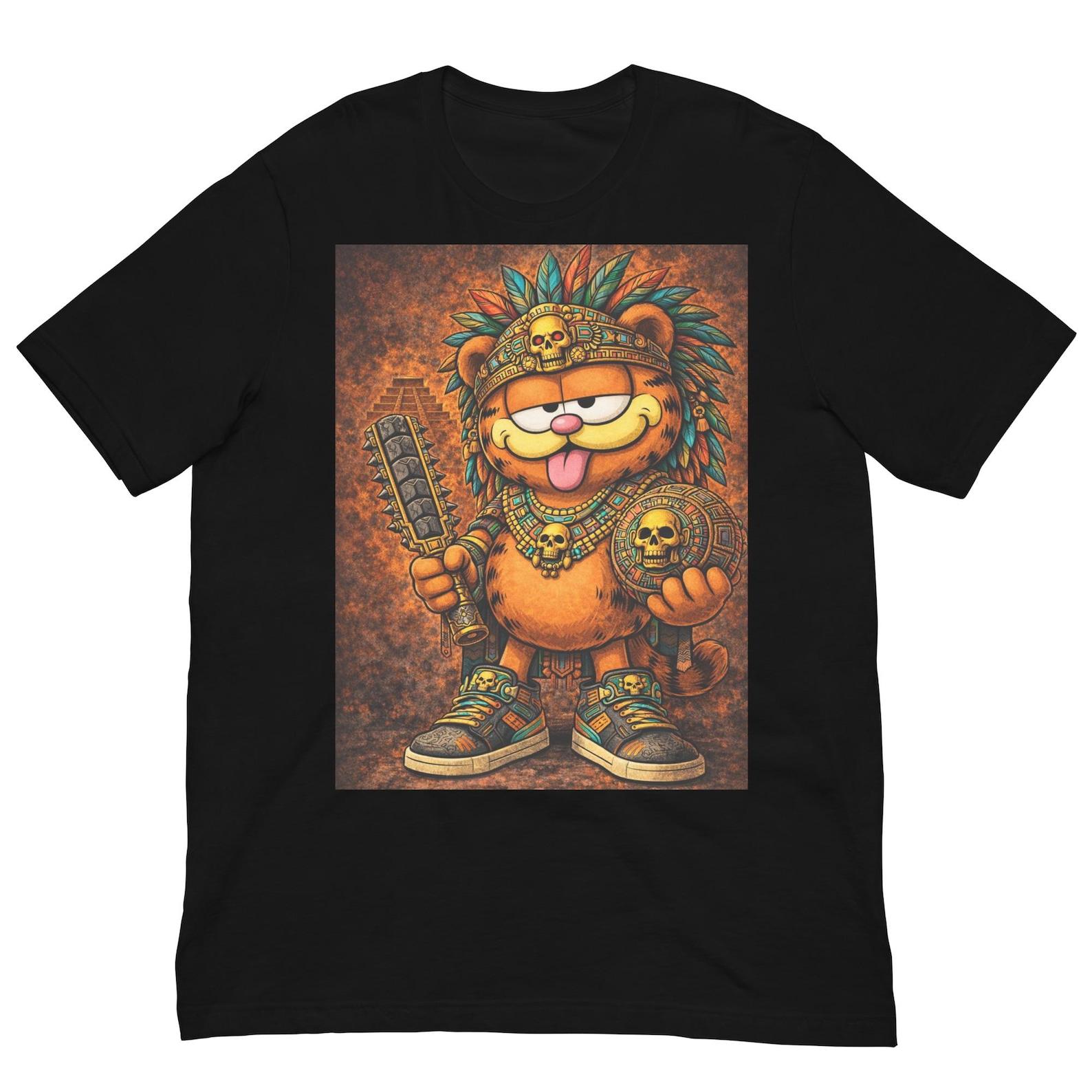 Aztec Garfield Warrior T-Shirt, Funny Tribal Cat Shirt, Ancient Jaguar Cat Graphic Tee 2XL