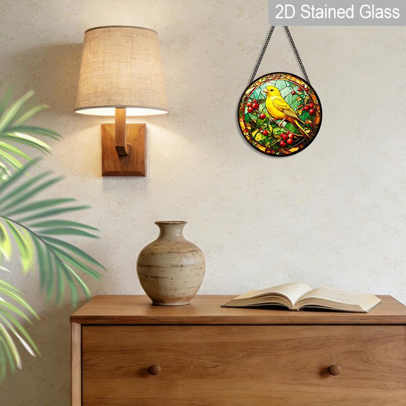 2D Flat Stained Glass Canary Bird Window Decoration, 7.87inches Yellow Bird Red Fruits Design Colored Glass Plate with Chain, Charming Spring Summer