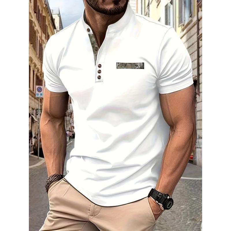 Men Stand Collar Color Contrast Patch Short Sleeve Slim Fit Casual Henley Shirt S белый