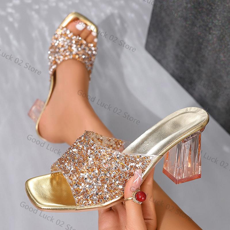 Fashion Shiny Sequins High Heel Slippers for Women Summer Fashion Square Toe Transparent Heeled Sandals Woman Gold Silver Glitter Slides