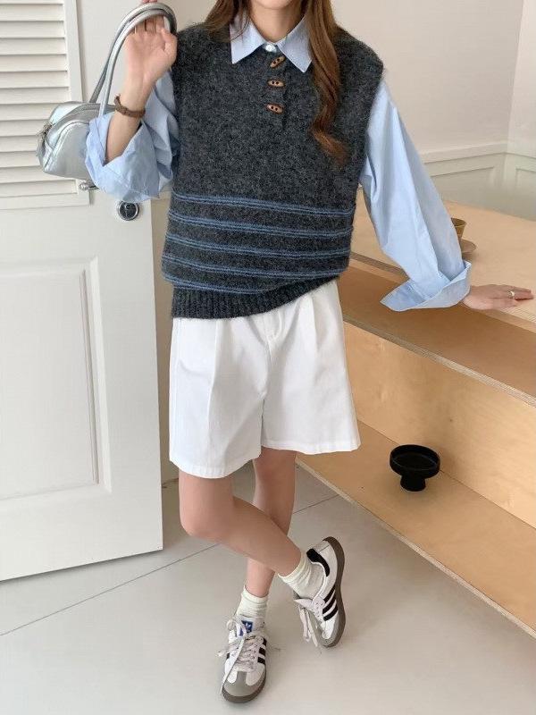 2025 Korean Retro Stripe Knit Vest with Horn Buttons - Women's Sleeveless Round Neck Sweater