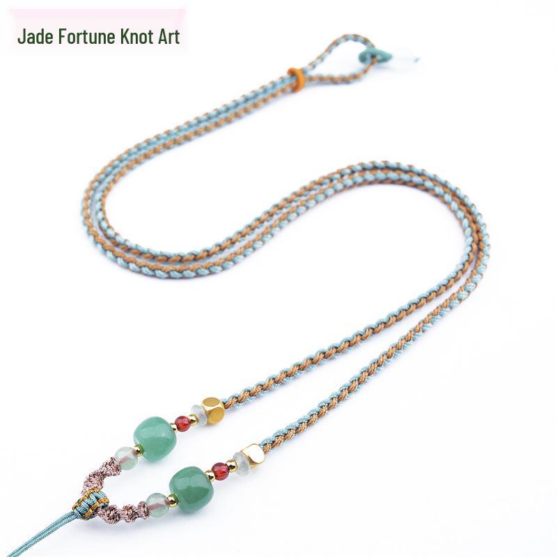 Four-Strand Braided Necklace Lanyard with Jadeite, White Agate, and Dongling Jade Pendant