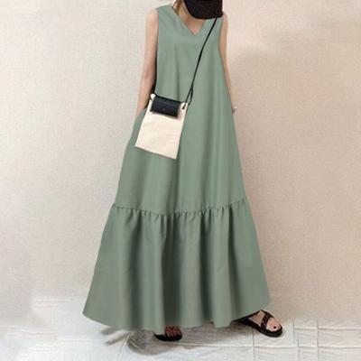 Long Dress Solid Color Side Pocket Sleeveless V Neck Spring Summer Flowy Loose Beach Casual Women Dress Outdoor Wear