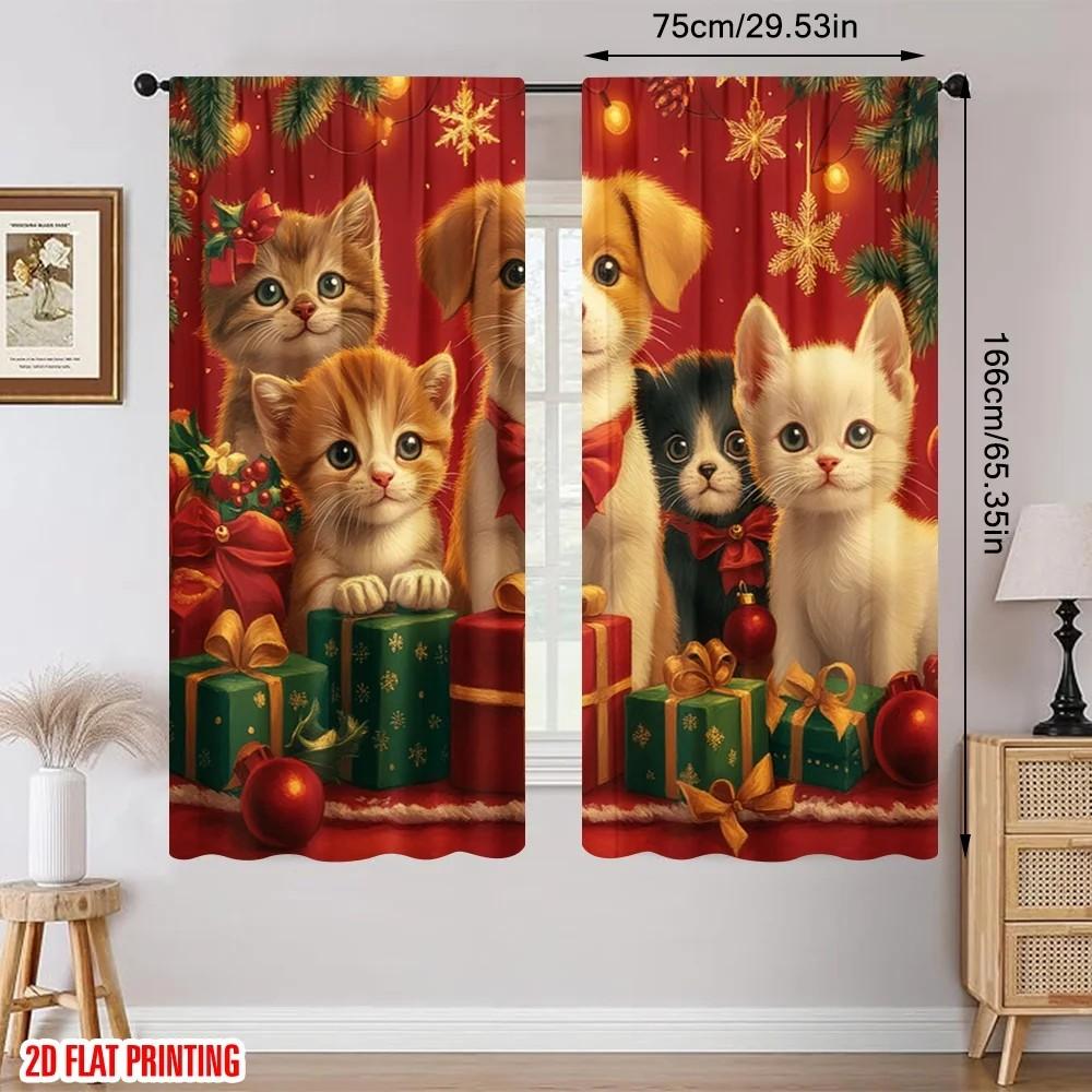 2pcs Cute Kitten Pattern Curtain   Design Window Drapes   Polyester Fabric   Christmas Holiday Window Decoration   Home Decor   Rod P