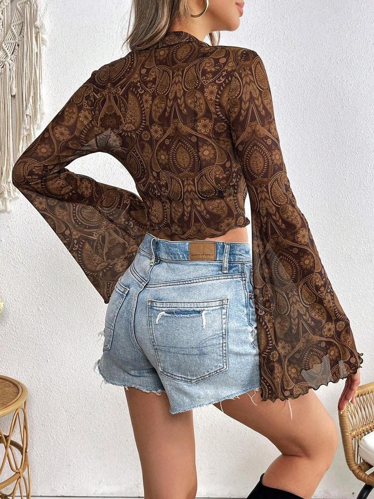 New Arrival Women's Casual Holiday Chiffon Shirt with Round Neck and Bell Sleeves