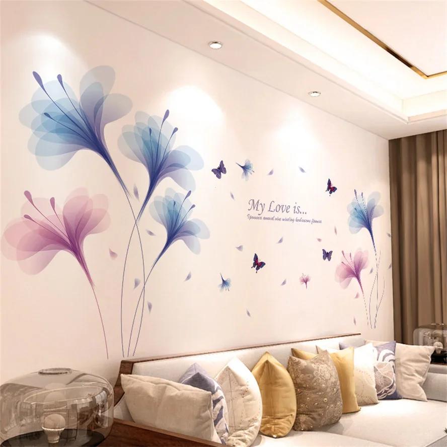 DIY Lila Lavendel Wohnzimmer Wand Aufkleber Dekor Selbst-adhesive Blumen Schmetterling Wand Aufkleber Wandbild Schlafzimmer Home Dekorationen