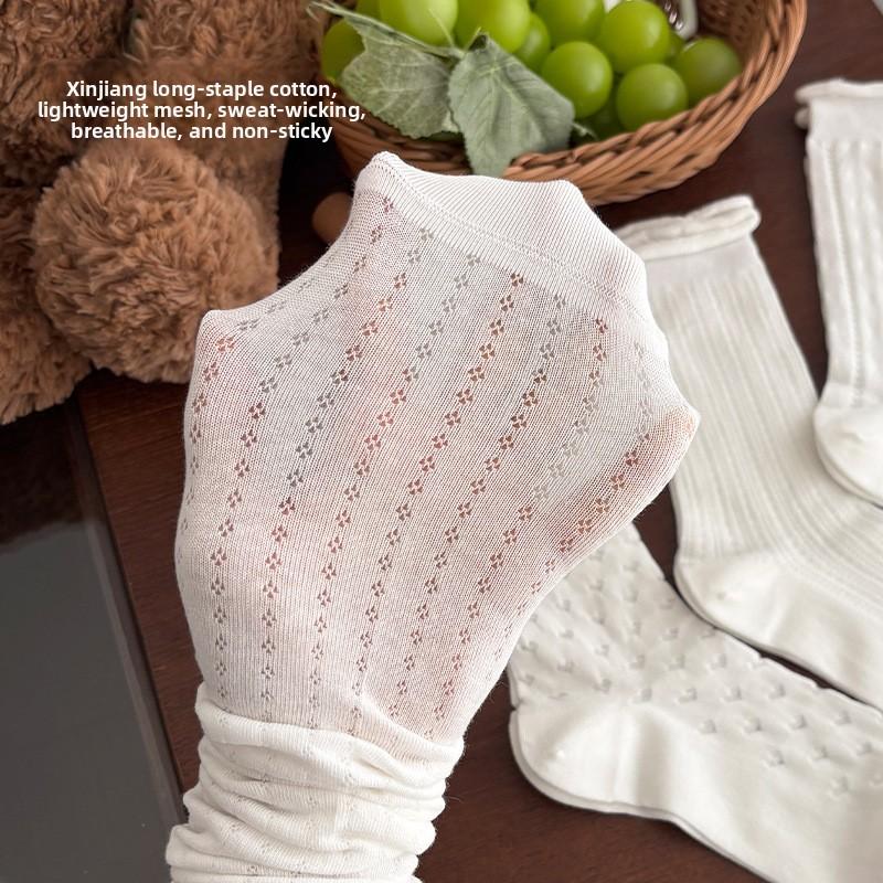 Damen Sommer Leichte Baumwollsocken mit Spitzenrand, offene Strickweise, Tubeless, mit Netzbelüftung, Ballettschnitt, Wadenlänge, ohne Knochen.