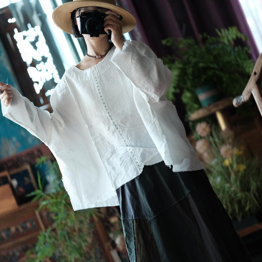 Johnature Women White T-Shirts Embroidery Solid Color Long Sleeve Tees O-Neck Autumn Chinese Style T-Shirts