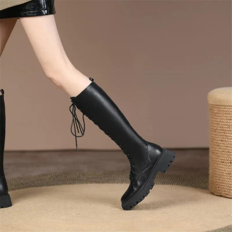 Fashion New Winter Knee-High Boots Split Leather Women Boots Chunky Heel Platform Shoes for Women Lace Women Shoes Knight Boots Woman