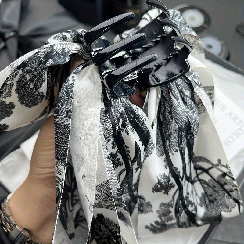 New Handmade Blue Willow Hair Claw Clip Layered Bow Chinese Ink Print Shark Clip with Silk Ribbon Vintage Hair Accessories Women