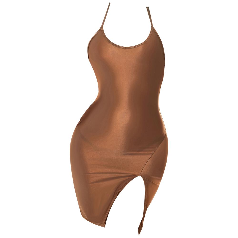 Sexy Oil Glossy Shiny Micro Mini Dresses High Cut Backless Sheer See Through Elastic Bodycon Hip Up Dress Candy Color Nightdress