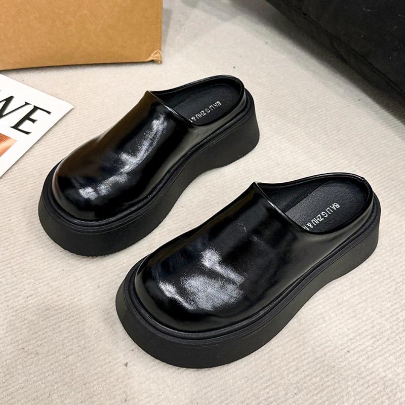 Women's Mules Slippers 2026New Casual Leather Slippers Fashion Baotou Half Slippers Waterproof Leather Slipper Zapatos De Mujer
