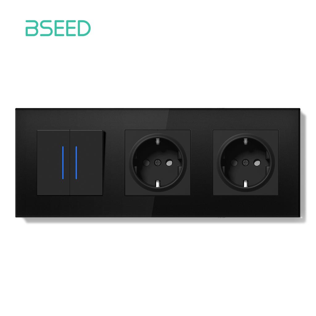 BSEED 1/2Gang Wall Light Switch Mechanical Double Button Switch 1Way With LED EU Sockets USB 20W Type-c Power Ports Glass Panels