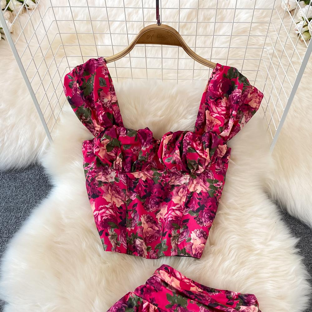 Seaside Holiday Fashion Suit Women's High Waist Thin Medium Long A-Shaped Floral Skirt Two-Piece Jacket
