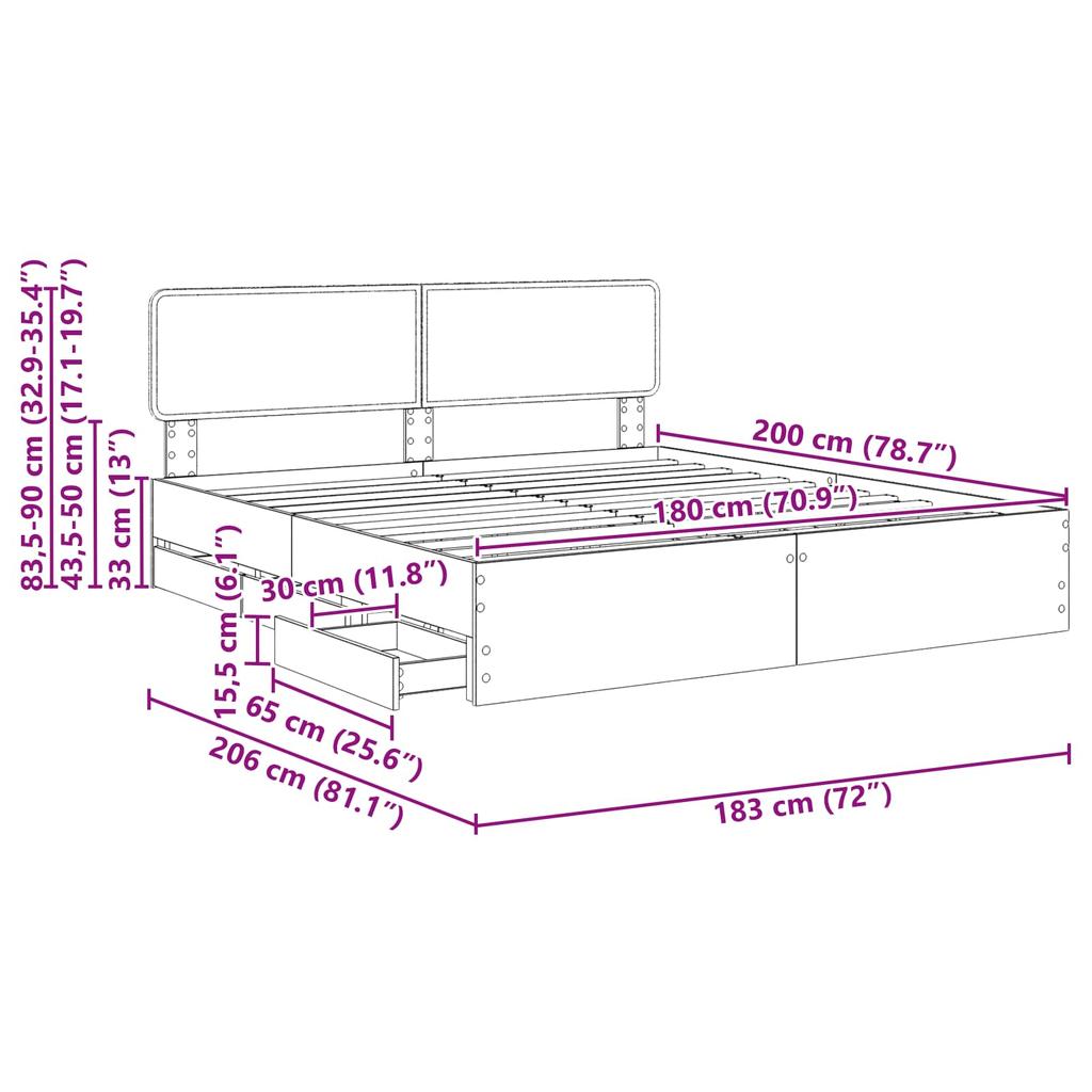 Bed Frame with Drawers Black 180 x 200 cm Particleboard