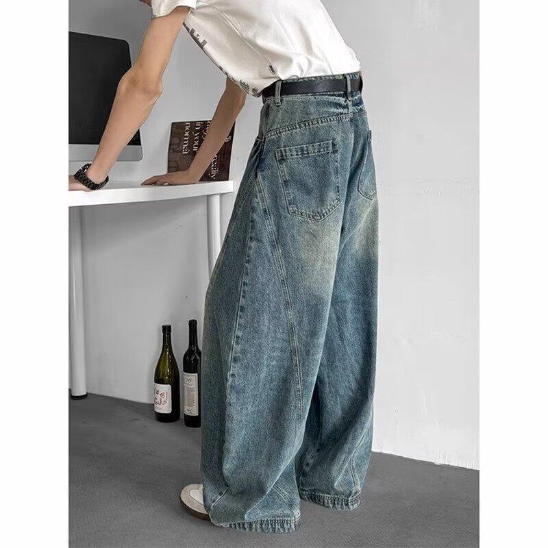 High Street Vibe Scimitar Wide-leg Jeans Men's Trend Cleanfit Splicing Loose Washing Old Mopping Pants