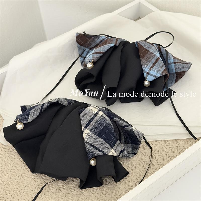 French Check-style Bow Tie Ribbon Hair Clip with A Sophisticated Look, Half-twisted Ponytail with A Hair Bun Clip and Hairpin