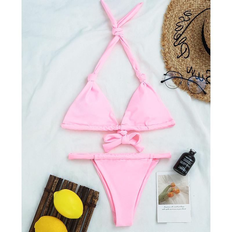 

Сексуальные бикини Бикини Женская пляжная одежда Однотонная купальная одежда Пуш-ап Бикини Стринги Купальник Бандажный комплект бикини из двух частей XL розовый