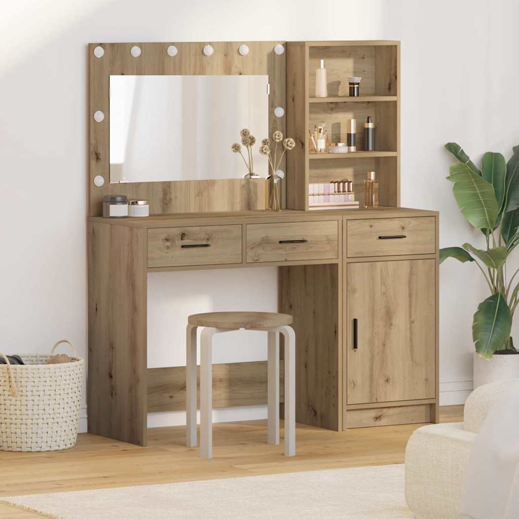 Makeup Table with Mirror Lighting 2 pcs Brown Particleboard