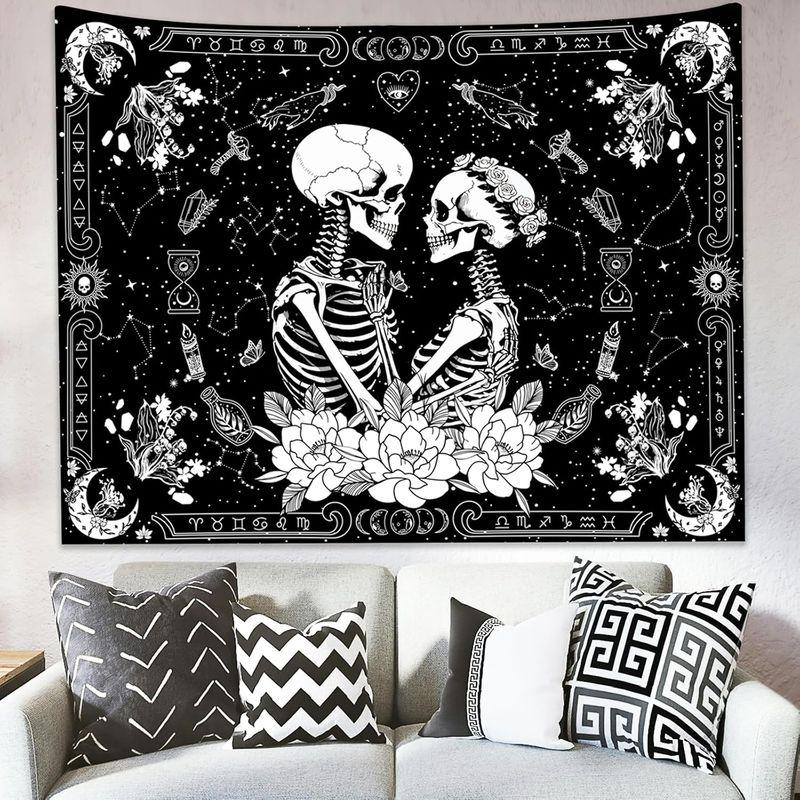 Pink Butterfly Skull Tapestry Moon Phase Mushroom Crystal Witchy Wall Hanging Dark Aesthetic Dorm Bedroom Home Decor