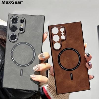 Cuir Rétro de Luxe pour Coque Magnétique Magsafe Pour SamSung Galaxy S24 S23 S22 S21 Ultra Plus Charge Sans Fil Pare-chocs Armure Funda