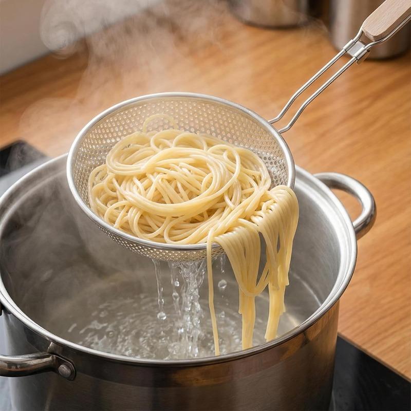 Thickened Stainless Steel Fine Mesh Strainer Wooden Handle Dumpling Skimmer Spoon Kitchen Household Frying Strainer