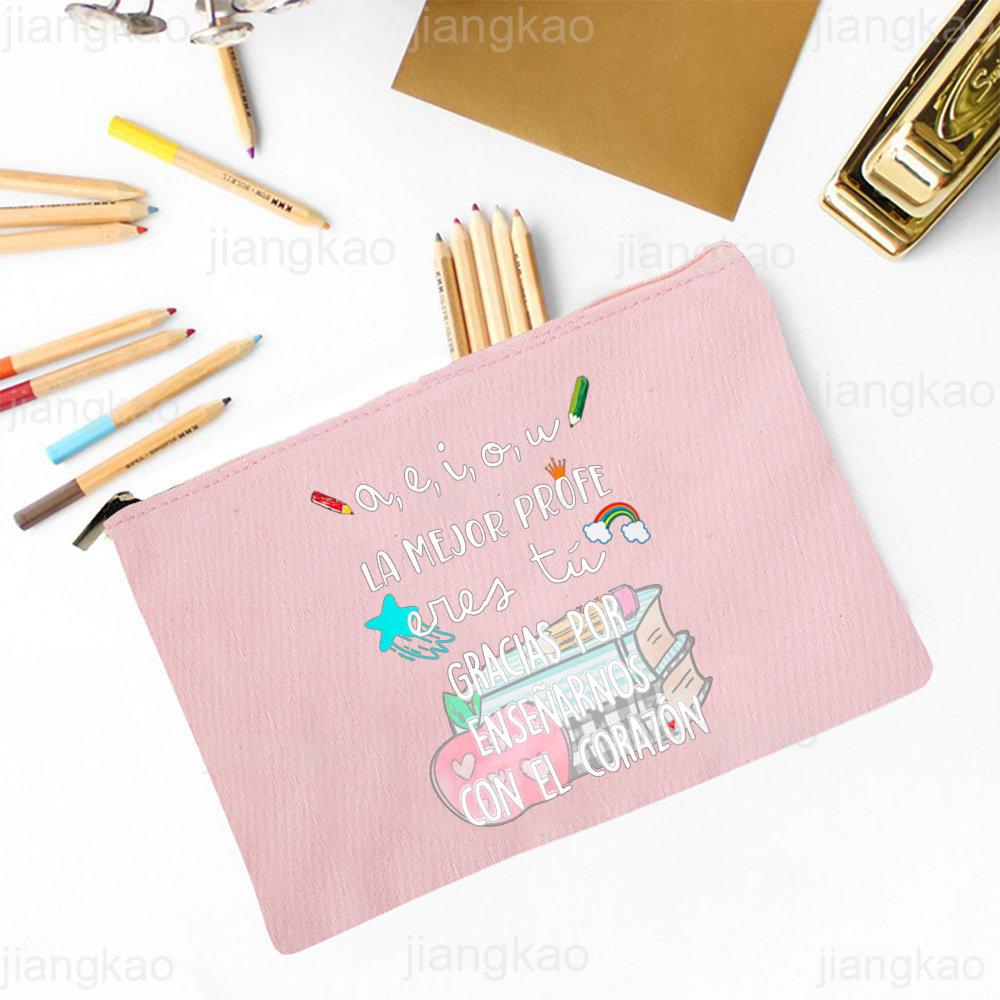 Best Teacher In The Word Spanish Print Pencil Bag School Stationery Supplies Storage Bags Travel Makeup Bag Toiletry Pouch Gifts