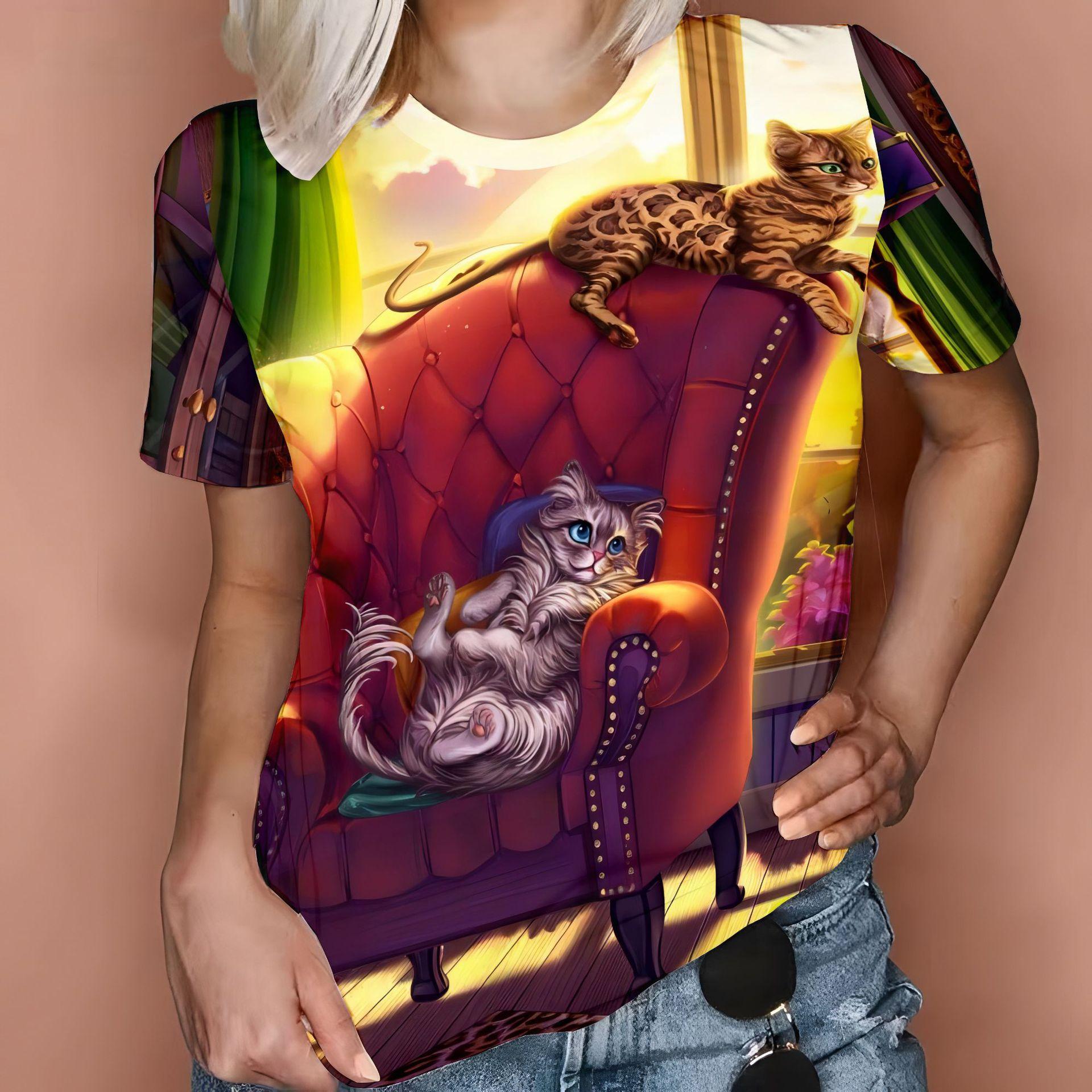 

Большие размеры XL-7XL Футболки с цифровым 3D-принтом серии Animal, мужские и женские футболки с короткими рукавами, топ с круглым вырезом и милым котом 5XL