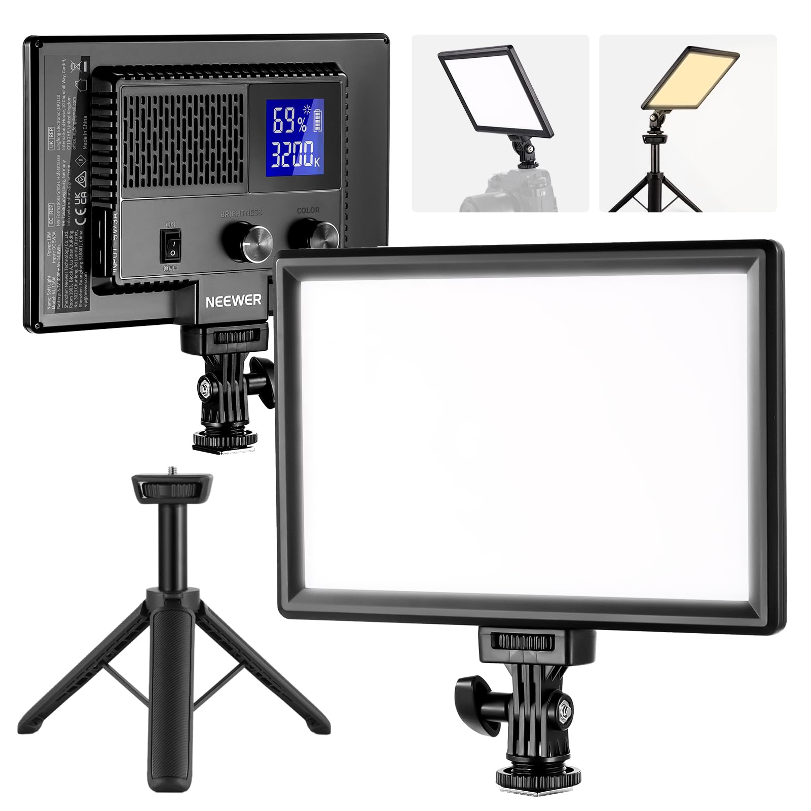 NEEWER 9-inch LED Video Light NL-116AI Dimmable Camera Light with Mini Tripod Stand 3200K-5600K CRI95+ 600Lux 4000mAh Battery USB Type-C for Streaming