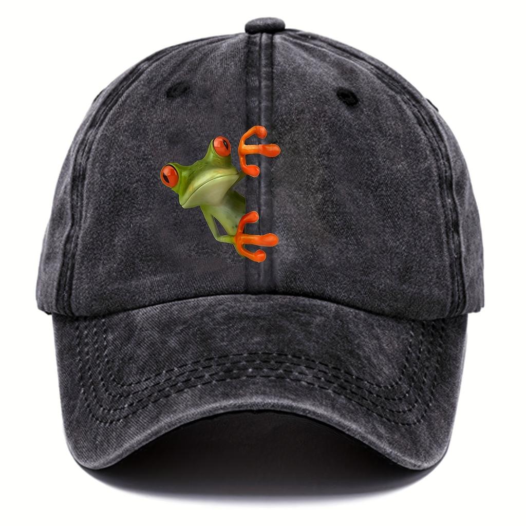 Peeking Frog Red Eye Graphic Baseball Cap Washed Cotton Adjustable Sun Hat Unisex