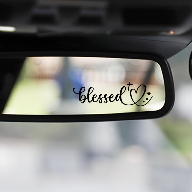 Funny Heart-Shaped Rearview Mirror Sticker - Black Religious Text Self-Adhesive Vinyl Decal, Suitable for Cars, Mugs.