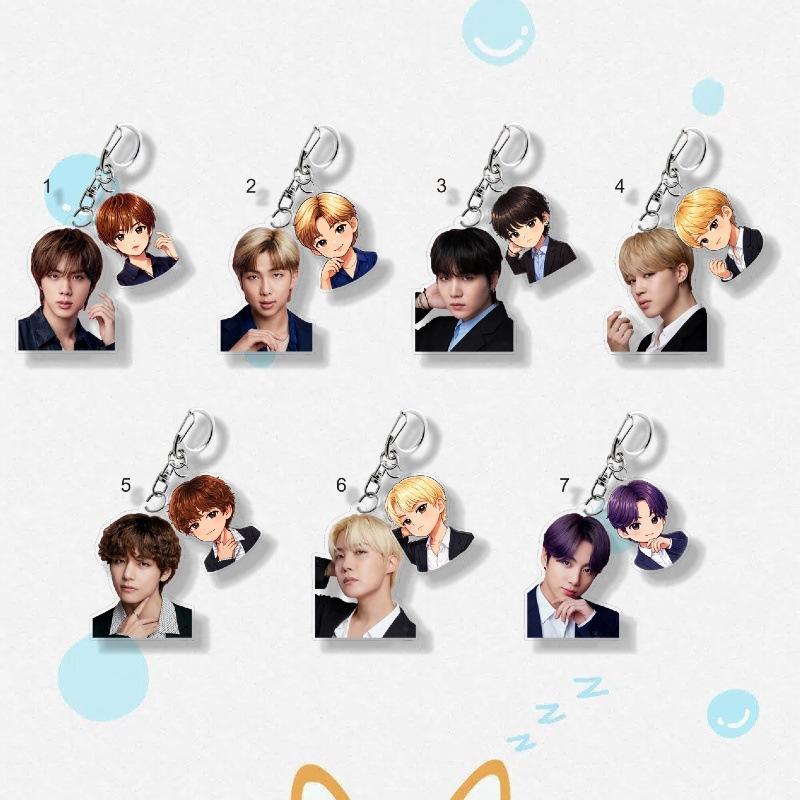 

7pcs BTS Suit Photo & Anime Cartoon Double Acrylic Keychain, Bangtan Boys Real Photo + Cartoon Figure Keyring, Kpop Idol Bag Pendant for ARMY 7pcs