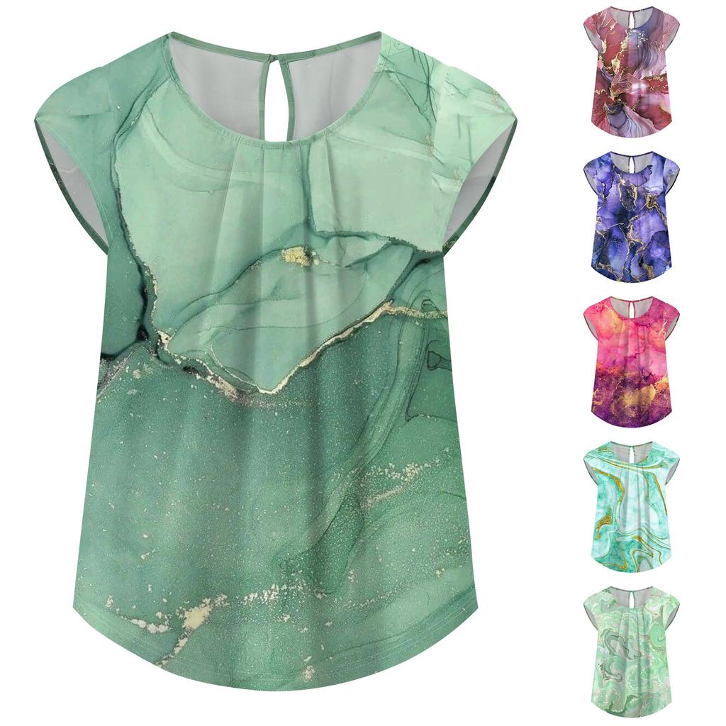 Women's Fashion Printed Short-sleeved Button Round Neck Casual Tops