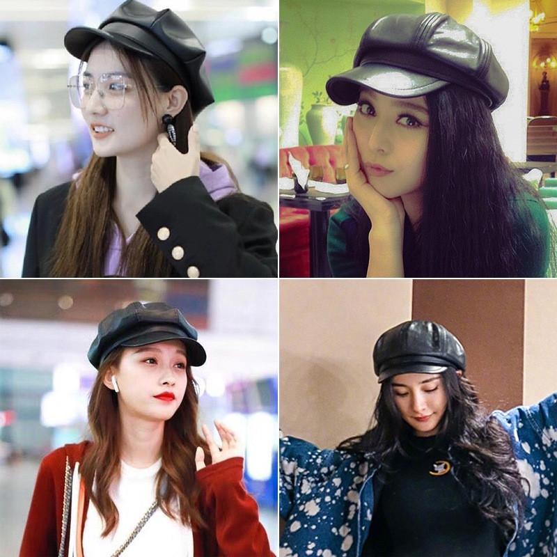 Damen Baskenmütze im koreanischen Stil aus PU-Leder: Achteckige Kappe für einen schlankeren Look, trendige Entenschnabel-Malermütze für den Frühling