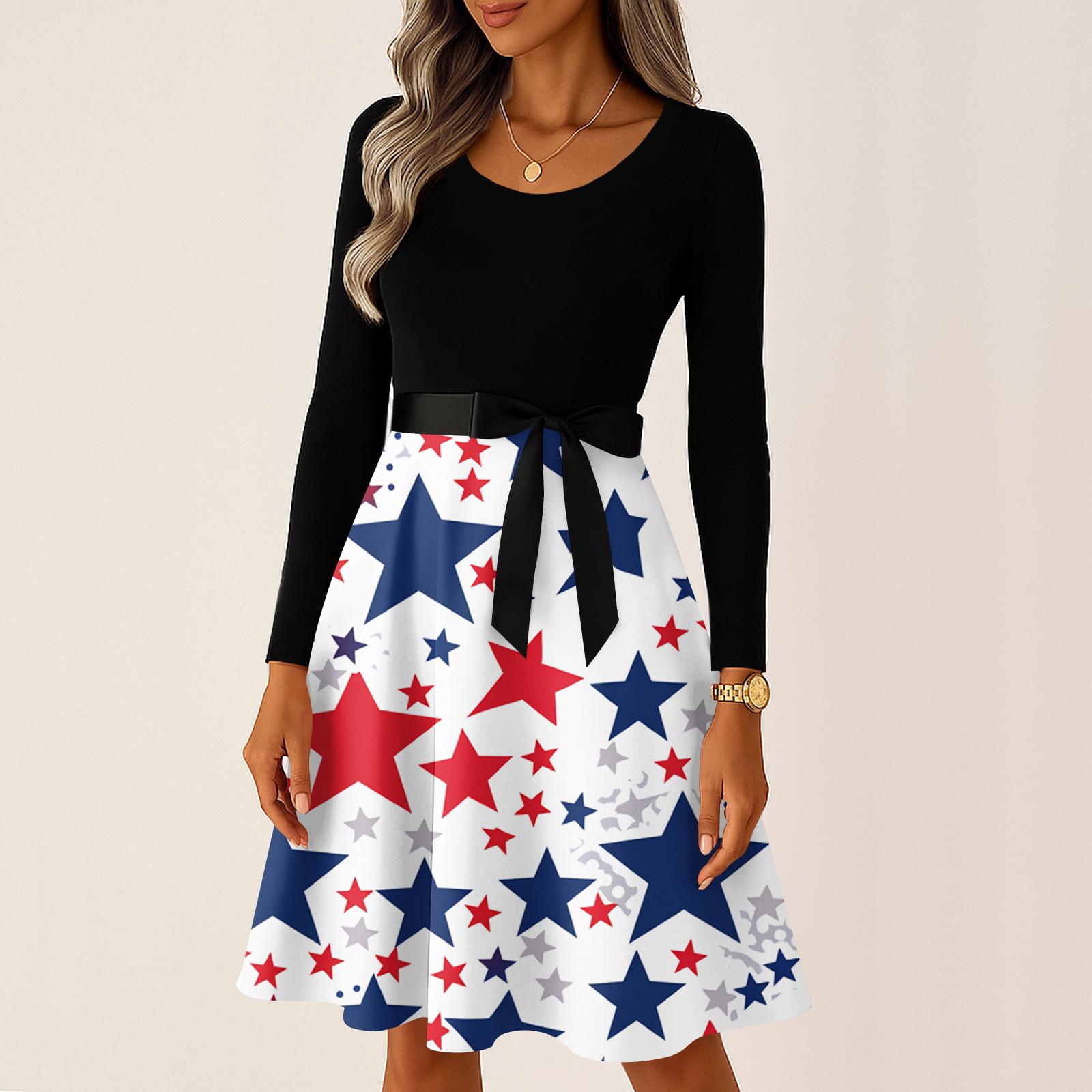 Ladies  Casual And Fashionable Round Neck Long Sleeved Retro Independent Day Print Retro Dress M